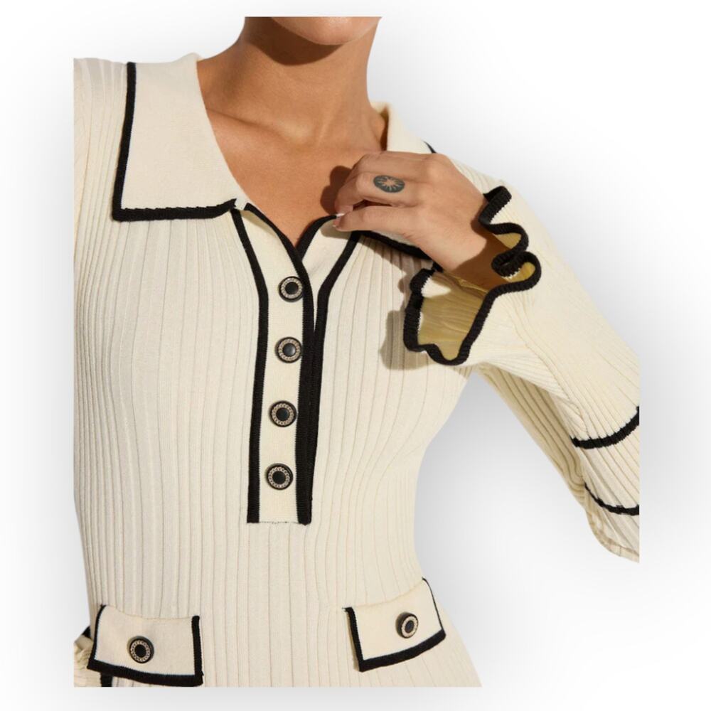 Commense Contrast Trim Ribbed Knit Button Maxi Dress Cream Black - Parisian Chic - Picture 3 of 9